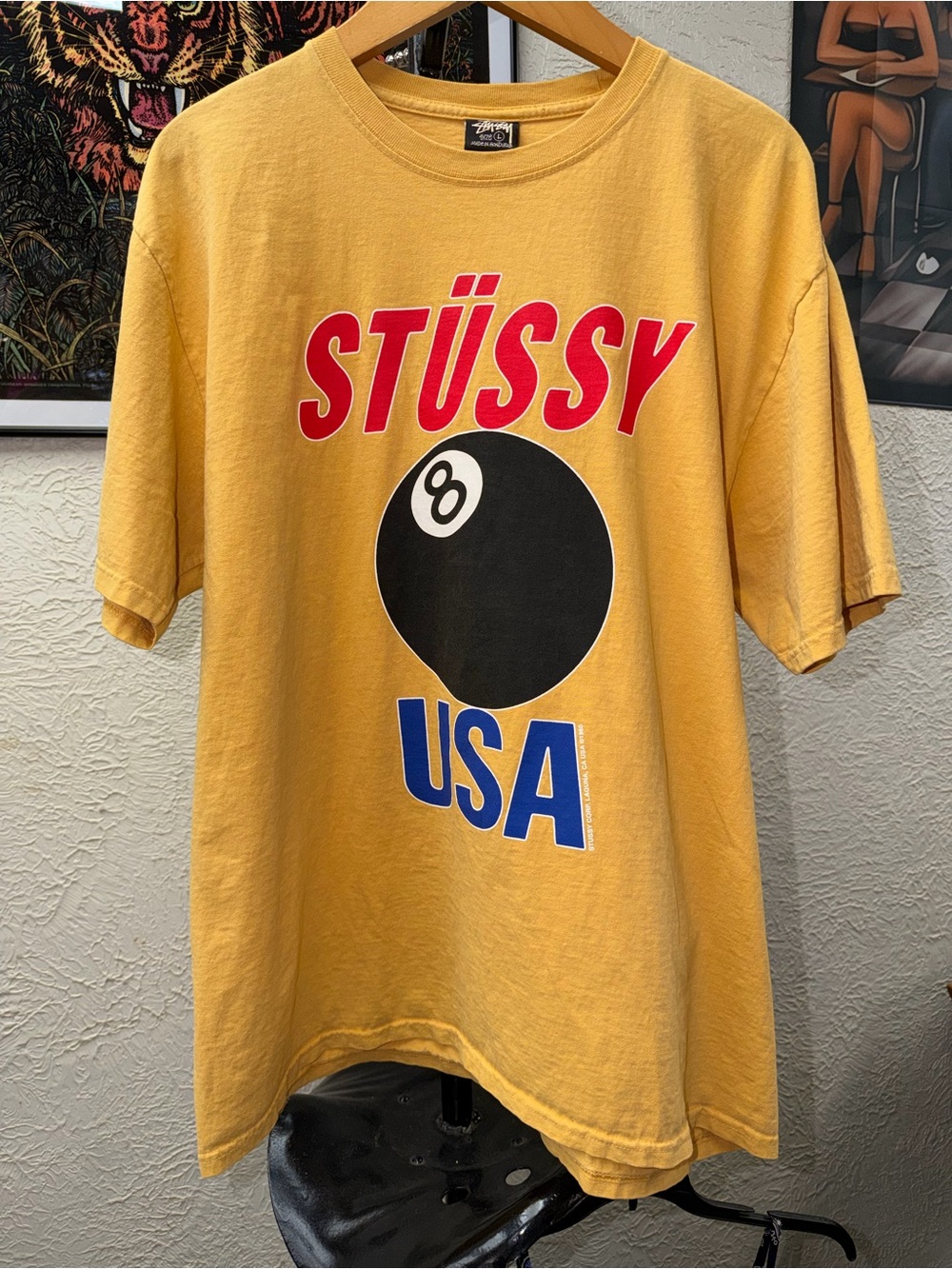 Stussy Yellow Short-Sleeve Graphic Tee with 8-Ball and USA Print